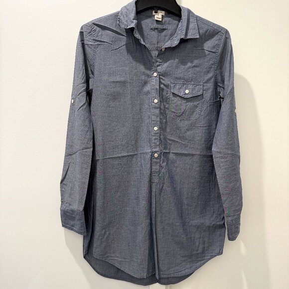 J Crew XS Blue Chambray Shirt Cotton Popover Linen Tunic Top Oxford Button Down - Picture 12 of 16